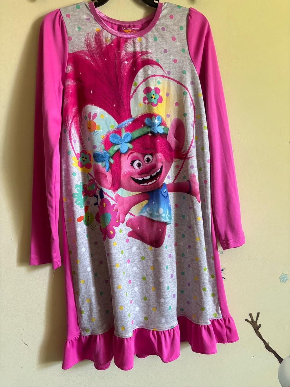 Dream Work Trolls Poppy Polka Dot Long Sleeve Nightgown, Size 12